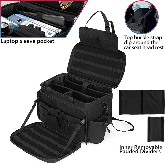 Trunab Patrol Bag Police Gear Car Front Seat Organizer for Law Enforcement Military Duty Bag with 15.6” Laptop Sleeve, Cups Holder, MOLLE Strips, Fits Vehicle Passenger Seat