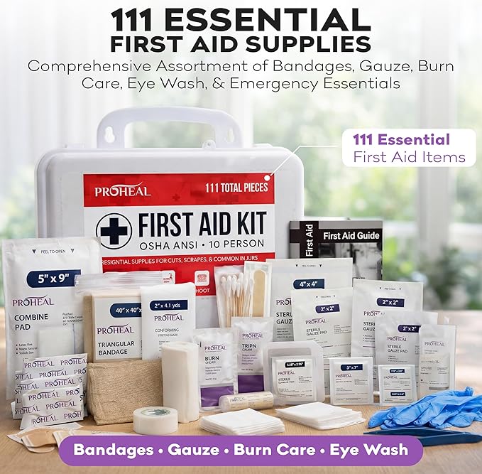 OSHA Compliant First Aid Kit - 10 Person, Type III, ANSI Class A, 111 Pieces Emergency Kit for Business, Office, Home, Workplace, Truck, Car & Construction Site - Latex Free, Wall Mountable | ProHeal