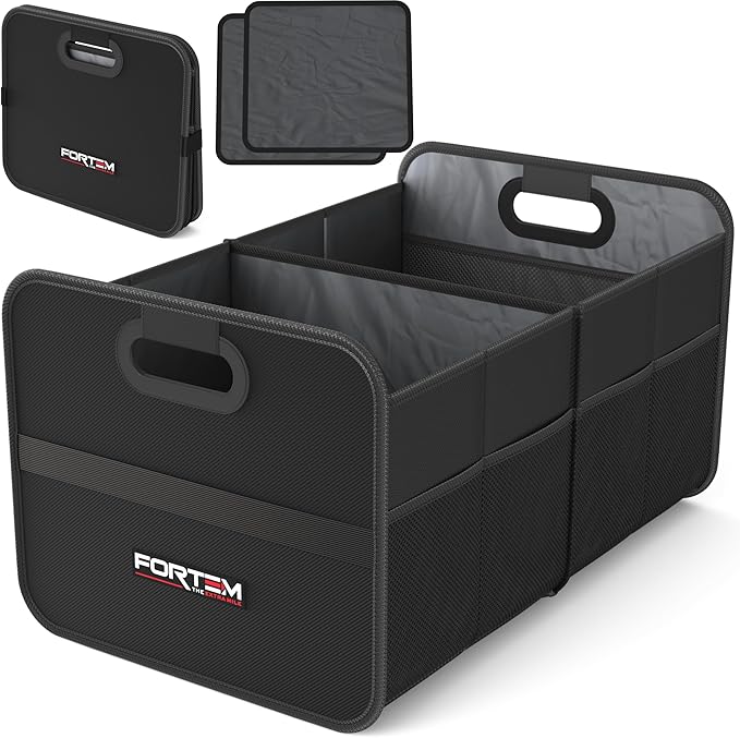 FORTEM Car Trunk Organizer, Collapsible Two Compartment Organizer, Foldable SUV & Truck Storage for Car Accessories for Women Men, Non Slip Bottom, Sturdy Side Walls, Strong Handles, 45L