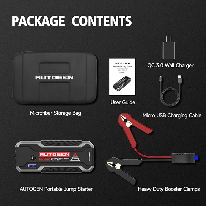 Car Jump Starter 6000A, AUTOGEN Portable Battery Jumper Starter All Gas and 10.0L Diesel Engine, Jump Start Battery Pack and Jump Box with 12V DC Output and EVA Case