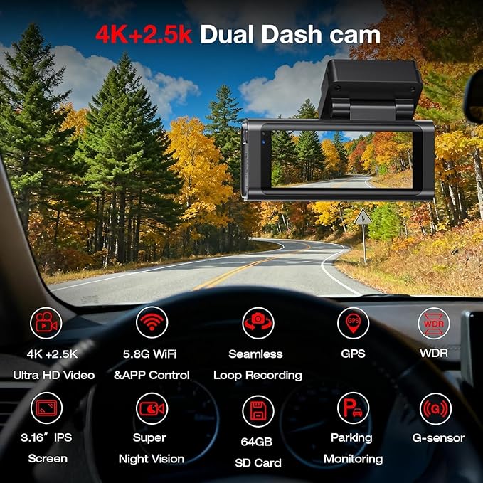 4K+2.5K Dash Cam Front and Rear, GPS&5.8G WiFi, Free 64GB Card Included, Dash Camera for Cars, 2-Channel Car Camera, 3.16'' IPS Screen, G-Sensor, 24H Parking Monitor, Max 256GB