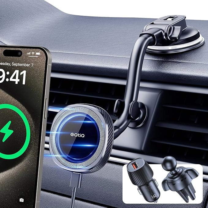 OQTIQ for MagSafe Car Mount Charger, Magnetic Wireless Car Charger Compatible with iPhone 17 16 15 14 13 12 Series, 15W Fast Charging Car Phone Mount for Windshield Dashboard Air Vent