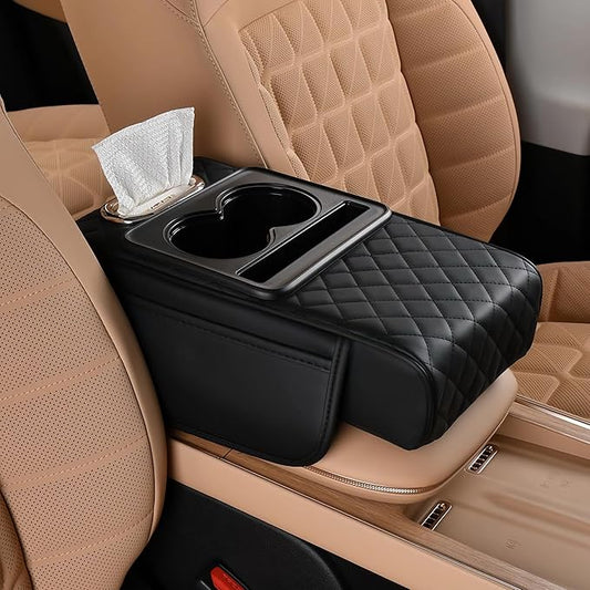 FREESOO Car Center Console Cover, Leather Armrest Cover for Car, Universal Middle Console Cushion with Storage Box, Cup Holder, Tissue Box & Phone Slot, Luxury Waterproof Interior Accessories, Black