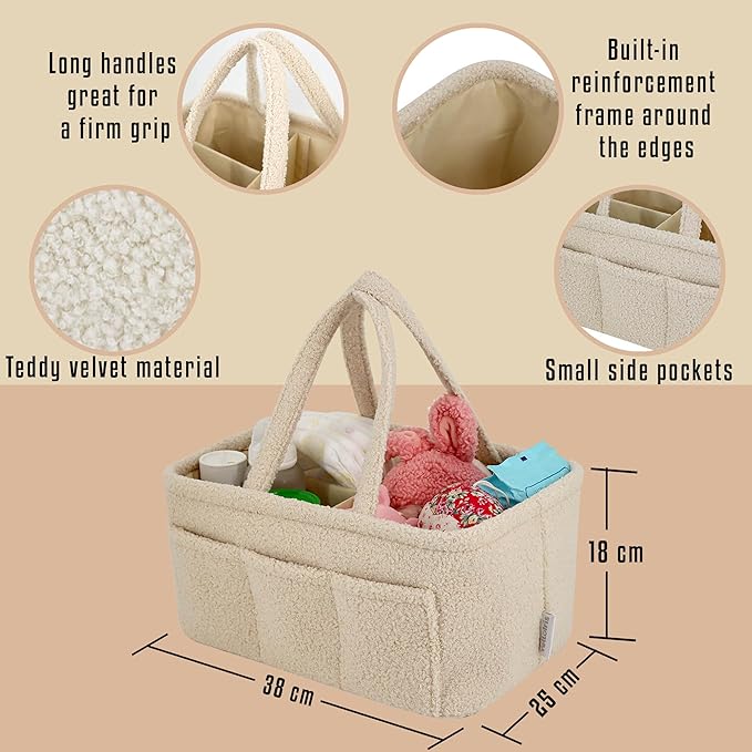 Baby Diaper Caddy Organizer – Soft Beige Sherpa with 3 Removable Compartments & 6 Side Pockets – Perfect Nursery Storage Bin & Car Organizer for Diapers, Baby Wipes, and Essential Supplies.