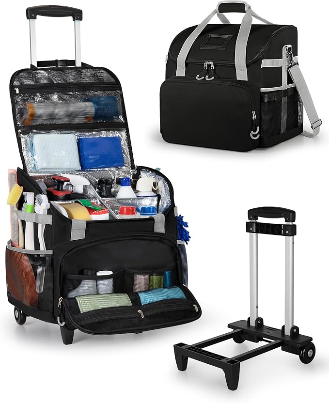 Large Rolling Cleaning Caddy Bag with Detachable Trolley, Cleaning Supplies Organizer with Wheels for Housekeepers, Black