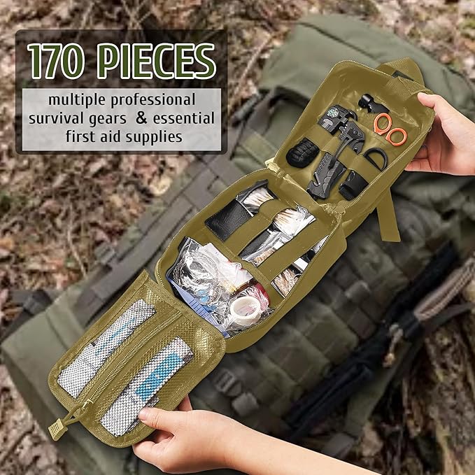 ABPIR Survival Kits, 170 PCS First Aid Kit/Trauma Kit with Essential Survival Gear Emergency Medical Supplies for Hiking Camping Backpacking Outdoor Adventure, Gifts for Him Dad Men Christmas