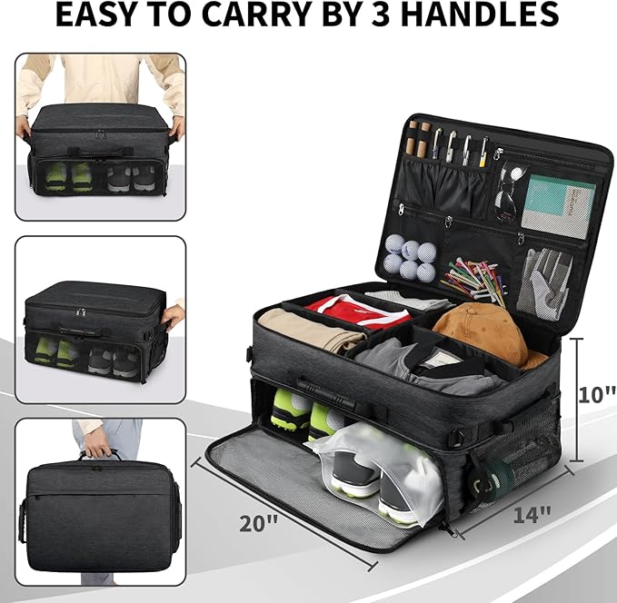 Extra Large Golf Trunk Organizer, Golf Gifts for Men Golfers, 20"x 14"x 10" 2 Layer Golf Trunk Organizer for Car, Water-resistant with Ventilated Compartment for 2 Pair Shoes and More Golf Accessories