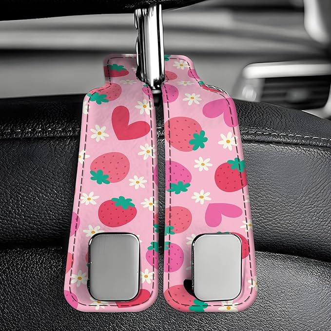 Car Seat Back Storage Headrest Hook, Premium Leather Double Metal Hook, Hanger Storage Organizer for Purse Cloth Bag, Car Interior Accessories Cute Pink Strawberry