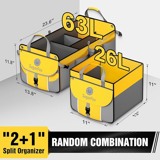 Car Trunk Organizer for SUV - 63L+26L Modular Storage, Heavy-Duty, Foldable Waterproof, Soft & Hard Covers, Non-Slip, Multi-Compartment, Yellow M006