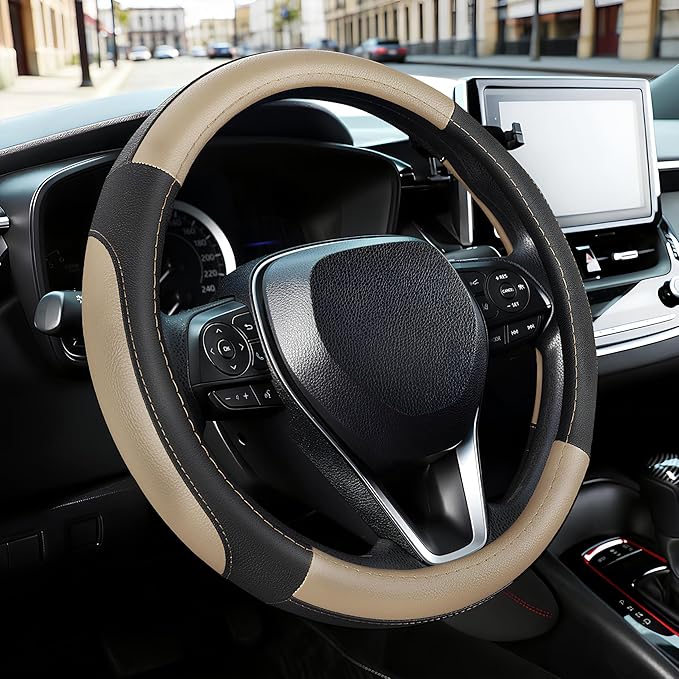 SEG Direct Car Steering Wheel Cover for F-150 Tundra Range Rover 15.5-16 inch, Black and Beige Microfiber Leather