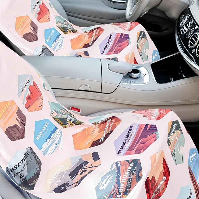Hahafelt 2 Pack Car Seat Towel Covers with Storage Bag 63 x 32 Inch Athletic Running Towel Seat Sweat Washable Non Slip Cover Gift for Car Outdoor Sport Activities (Multi National Parks)