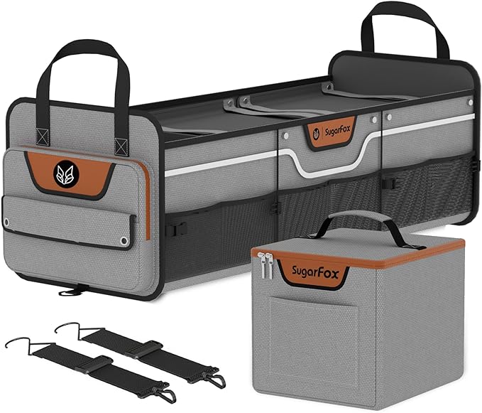 Car Trunk Organizer for SUV, Heavy Duty Waterproof Trunk Organizer, Foldable Collapsible Car Organizer with Cooler, Multi-Compartment Large Trunk Organizer (95L), Gray-M003