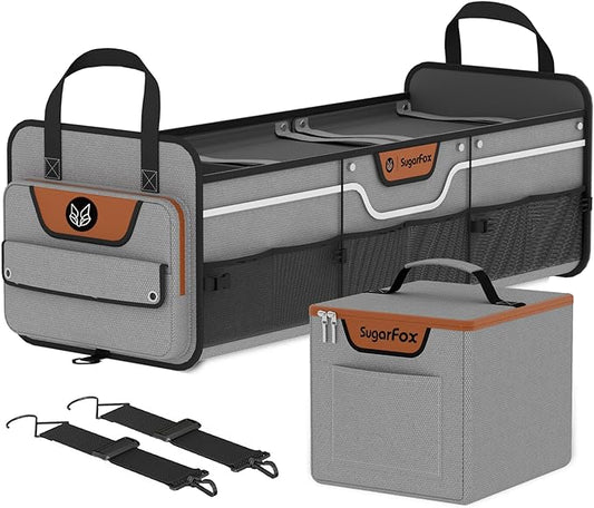 Car Trunk Organizer for SUV, Heavy Duty Waterproof Trunk Organizer, Foldable Collapsible Car Organizer with Cooler, Multi-Compartment Large Trunk Organizer (95L), Gray-M003