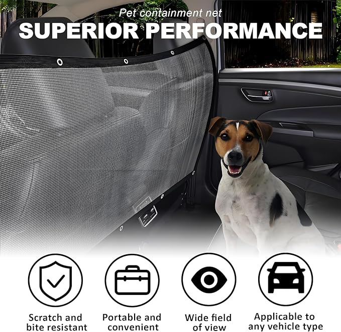 Car Dog Barrier Net Universal Dog Barrier for Car with Adjustable Ropes and Hooks One-Piece Design Mesh for Most Cars, SUVs, Pickups, Trucks and Vans(45x24 Inches)