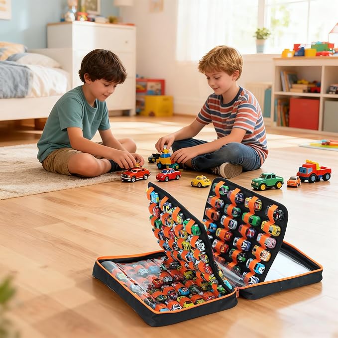 124 Slots Toy Cars Storage Case with Clear Window, Matchbox Cars Storage Holds 124 Diecast Cars, Matchbox Cars Organizer Compatible with Toy Cars, Portable Carrying Case with 5 PE Board Panels (Black)