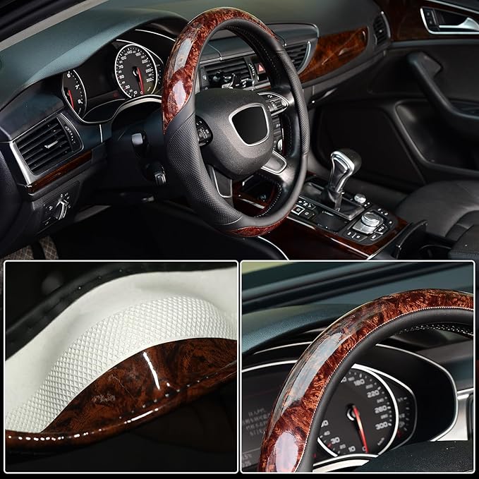 KAFEEK Small Size 14 inch Wood Grain Steering Wheel Cover, Black Microfiber Leather, Compatible for Prius Civic 14-14.25 inch Steering Wheel