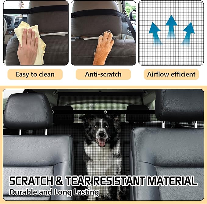 Dog Car Barrier Net,Universal Back Seat Barrier for Dogs with Adjustable Ropes & Hooks, One-Piece Mesh Divider for SUV, Pickup, Trucks, Vans