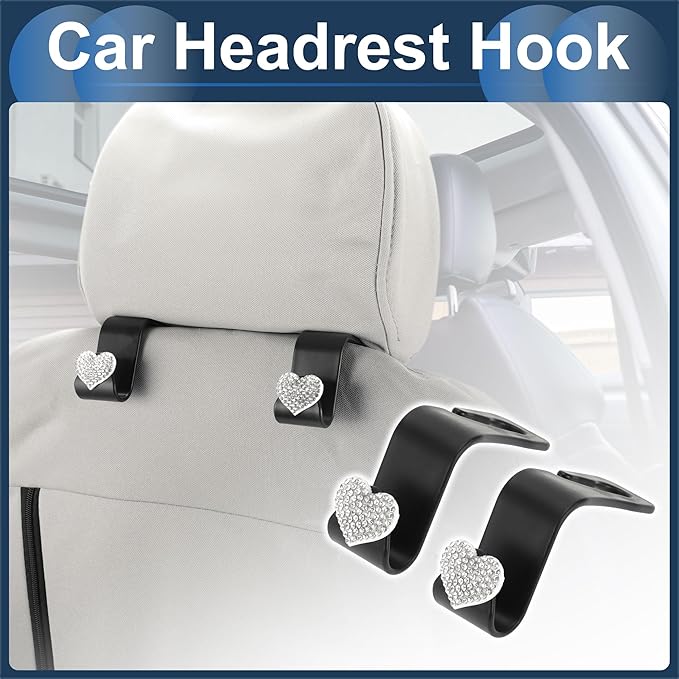 Car Seat Headrest Hook Interior Accessories for Most Car, SUV, Truck Car Seat Back Organizer Hooks Plastic Rhinestone Sturdy White 2.4"x1.26"