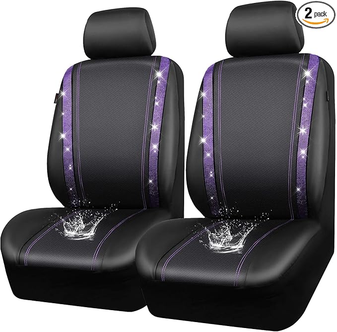 CAR PASS Leather Diamond Bling Car Seat Cover 2 Front Interior Sets, Waterproof Universal Shining Glitter Crystal Sparkle Fit for 95% Automotive Truck SUV Cute Women Girl, Black Purple Rhinestone