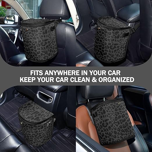 Black Leopard Car Trash Can African Animal Skin Print Car Garbage Bag with Lid Hanging Waterproof Leak Proof Vehicle Storage Bin