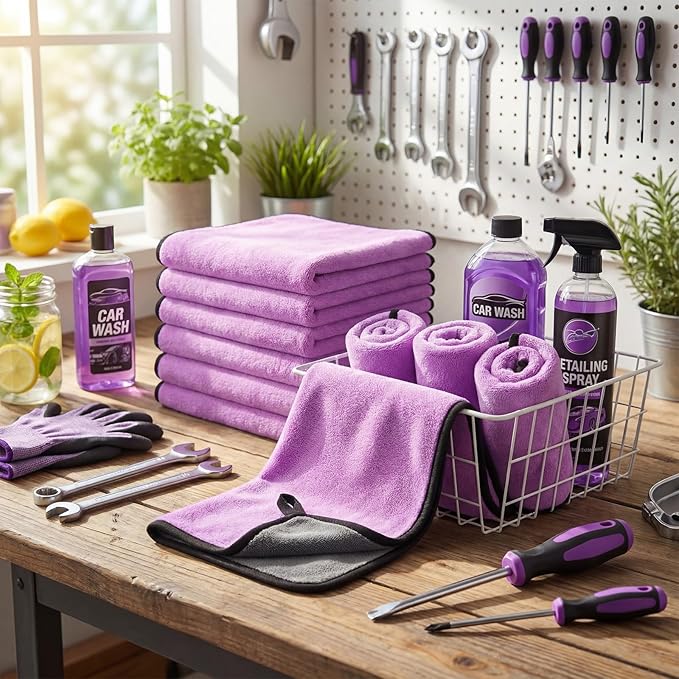 Tallew 12 Pcs Microfiber Towels for Cars, 800 GSM Plush Drying Cleaning Cloth Bulk, 16 x 16 Inch Thick Absorbent Wash Detailing Towels for Car Polishing, House, Kitchen Cleaning(Purple)