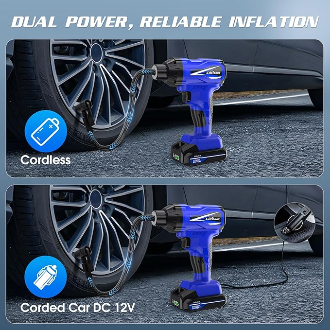 CARSUN Tire Inflator Portable Air Compressor, 150PSI Cordless Tire Pump with DC 12V/Battery Dual Power Supplies, Portable Handheld Air Pump, Digital Pressure Gauge for Car Tires, Bicycles, Balls, Blue