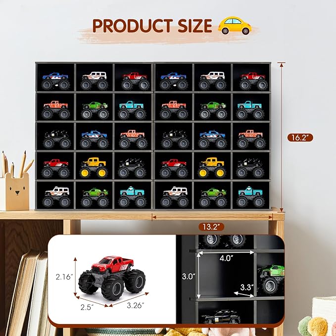 2 Pack Trucks Display Shelf, 15 Slot Toy Cars Display Case, Wall Mounted Toy Truck Storage Organizer Holder, Black