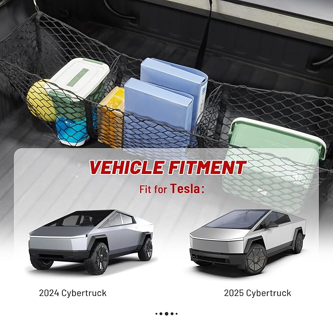 RED WOLF 3 Pocket Cargo Mesh Net for 2024-2025 Tesla Cybertruck Trunk Organizer Netting Rear Bucket Storage Net with L-Track Round Ring D-Carabiner Mounting Hook