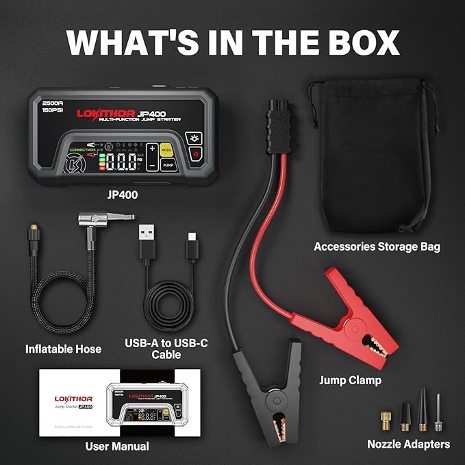 LOKITHOR JP400 Jump Starter with Air Compressor, 2500A 12V Portable Car Battery Booster Pack (8.5L Gas/6.5L Diesel) with ConnectMax Tech, 150PSI Tire Inflator, Auto-Shutoff & Dynamic Dwell (Orange)