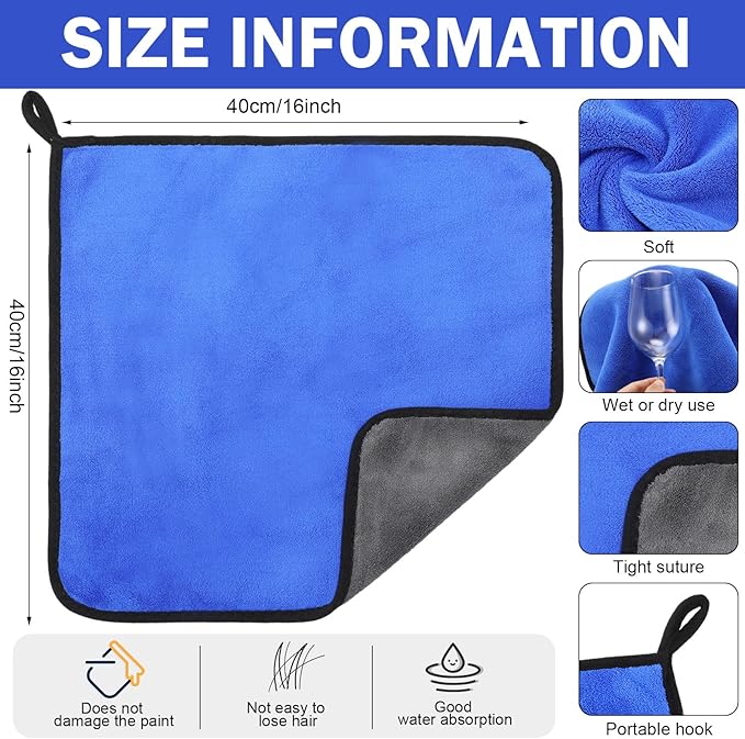 Tallew 12 Pcs Microfiber Towels for Cars, 800 GSM Plush Drying Cleaning Cloth Bulk, 16 x 16 Inch Thick Absorbent Wash Detailing Towels for Car Polishing, House, Kitchen Cleaning(Gray and Blue)