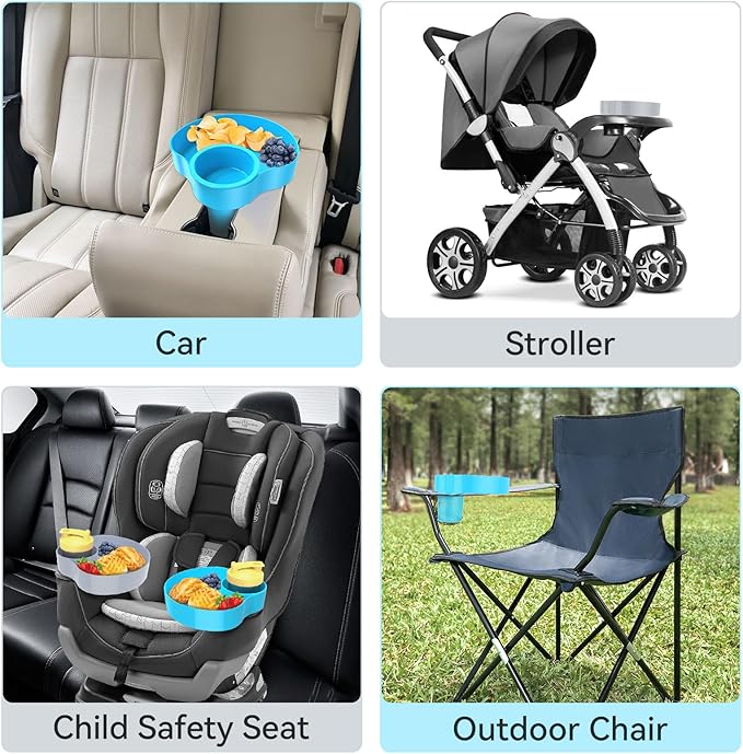 2PCS Car Seat Snack Tray for Kids: Kids Car Tray with Cup Holder, Toddlers Road Trip Essential, Travel Snacks Food Plate for Stroller, Snack Tray with a Cup Holder (Sky Blue&Gray)