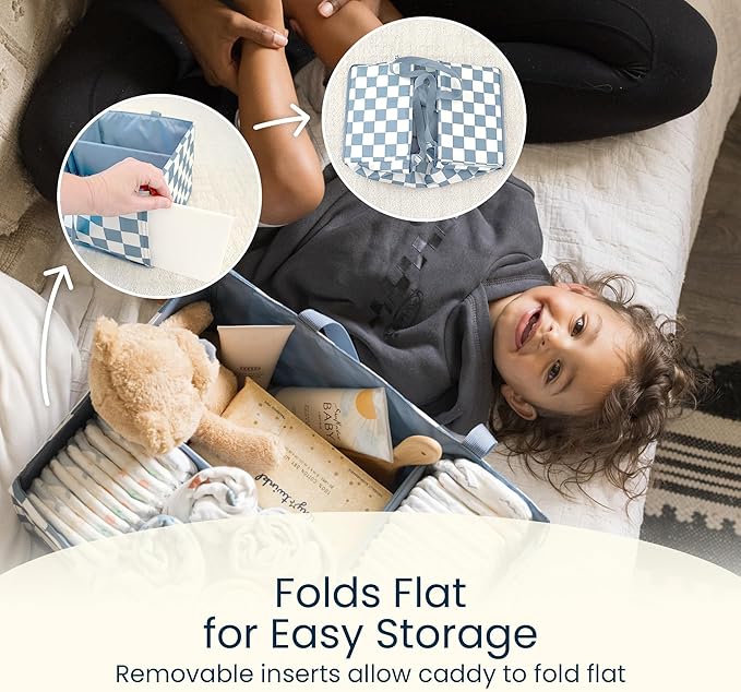 Tiny Twinkle Diaper Caddy Organizer | Foldable Baby Storage Basket with Removable Divider | Waterproof & Mess-Proof Fabric, Portable Nursery Organizer for Newborn Essentials (Beige Checkers)