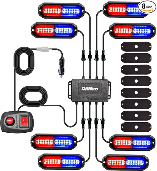 WINECO 8PCS LED Strobe Lights 12V Sync Feature Red Blue 12LED Emergency Hazard Warning Lights with Strobe Controller for Trucks Vehicles ATV RV Cars Van