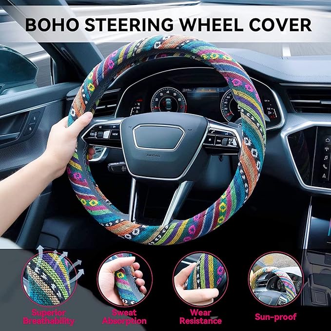 Boho Steering Wheel Cover Elastic Microfiber for Women, Universal Fit 15 inch Car SUV, Hippie Style Protector Cover, Anti-Slip, Breathable, Absorbing Sweat - 01