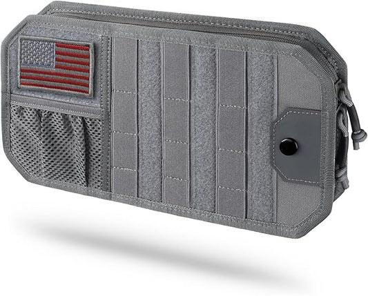 LIVANS Tactical Car Sun Visor Organizer, Automotive Semi-Rigid MOLLE Panel with Zipper Storage Pouch & Glasses Clip, Universal Fit for Trucks, SUVs, Jeeps & Patrol Vehicles (Gray)