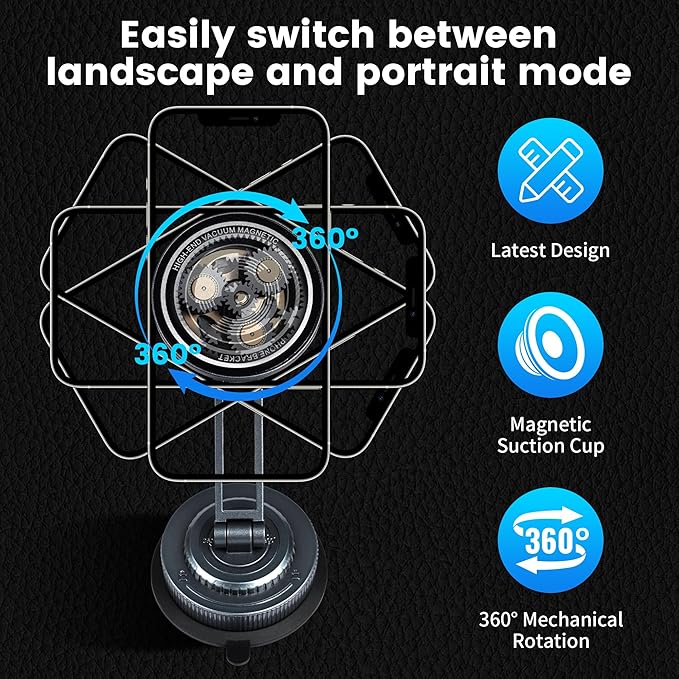PIEPIE Magnetic Car Phone Holder Mount Heavy Duty Metal Dash/Windshield Large Suction Cup for Non-Smooth Leather/Plastic Surfaces, 360° Adjustable Phone Stand for iPhone Android Truck Car Accessories