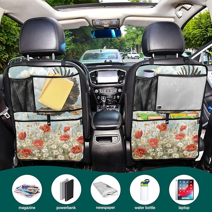 Blue Eagle Poppy and Daisy Flowers 2 Pack Backseat Car Organizer with Storage Pockets Seat Back Organizers for Kids Kick Mats Backseat Protector Automotive