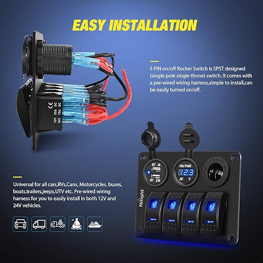 Nilight - 90117G 4 Gang Rocker Switch Panel Waterproof Pre-Wired Aluminum Switch Panel with Dual USB Cigarette Lighter Socket Voltmeter12V-24V DC ON Off Switch Panel for Cars Rvs Trucks, Blue