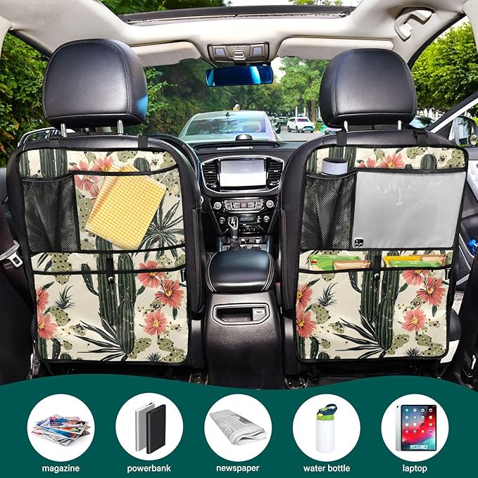 Retro Cactus Polynesia Flower 1 Pack Backseat Car Organizer with Storage Pockets Seat Back Organizers for Kids Kick Mats Backseat Protector Automotive
