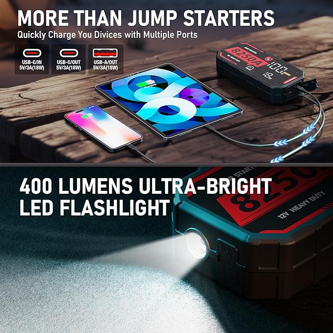 8250A Jump Starter Heavy Duty Jumper Starter Portable Battery Pack (Up to 13L Gas / 10L Diesel), 24000mAh Power Bank, 12V Auto Car Truck Battery Booster Jump Box, 48-Months Stand-by Time