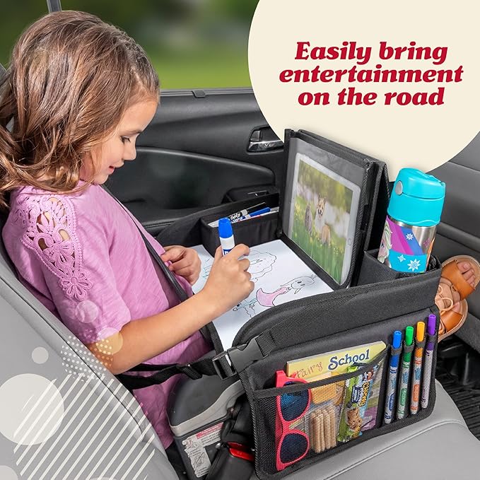 Lusso Gear Car Seat Tray - Dry-Erase Lap Desk for Kids Travel Activities - Snack & Cup Holder for Car Back Seat Organizer - Tablet Stand for Toddler Travel Essentials - Black