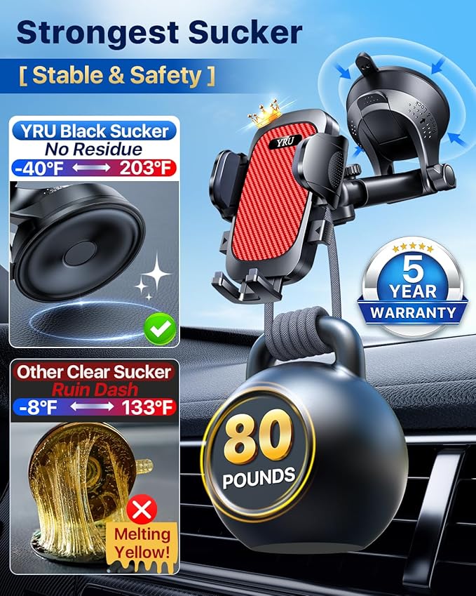 YRU[True Upgrade for Safety Car Phone Holder Mount [Patent & Military-Grade] Dashboard Cell Phone Holder for Car Vent Windshield Phone Stand for iPhone 17 16 15 14 13 Pro Max Truck Samsung, Light Red