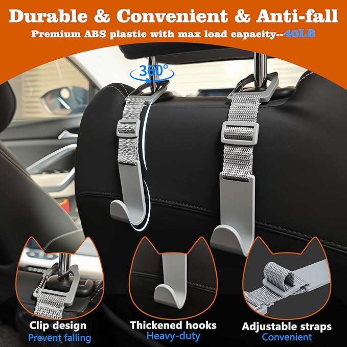 Amooca Car Headrest Hooks 4 Pack Adjustable Universal Fit Auto Seat Back Organizer Storage Hanger Purse Bags Holder with Clip Gray