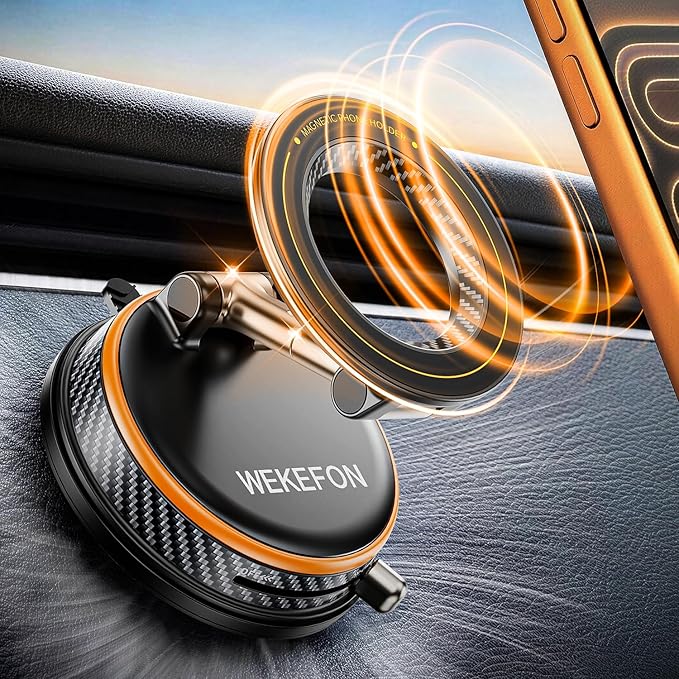 Upgraded Car Phone holder for Magsafe [120LBS Suction Cup & 3000gf Magnet ] 1100° Adjustable Vacuum Magnetic Phone Holders for Your Car, Dashboard Car Mount Bracket for iPhone & Android, Carbon Fiber