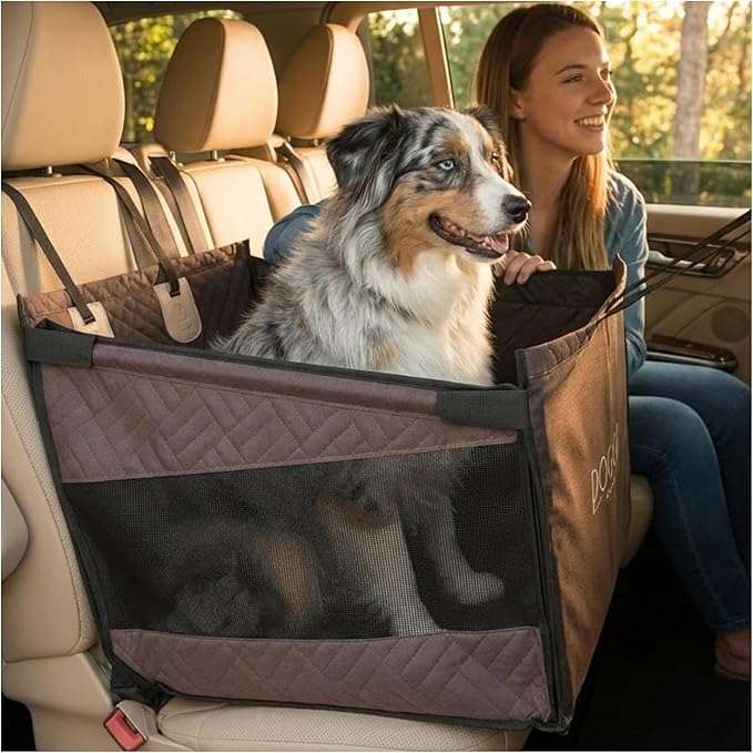 Dog Car Seat Cover with Hard Bottom – Back Seat Extender for Small & Medium Dogs, Waterproof & Non-Slip Hammock, Reinforced & Stable Design with Storage Pockets for Cars, SUVs & Trucks (Brown)