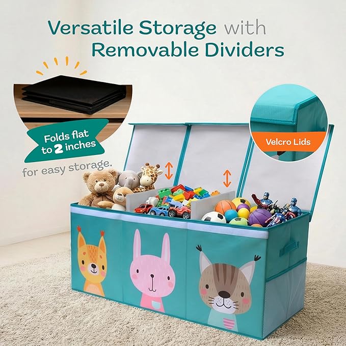 Extra Large Toy Storage Organizer with Lid - Sturdy, Collapsible Toy Chest Storage Box with Cute Design - Toys Bin with Dividers for Kids, Boys, Girls, Nursery, Bedroom, Play room 37"x16"x14"