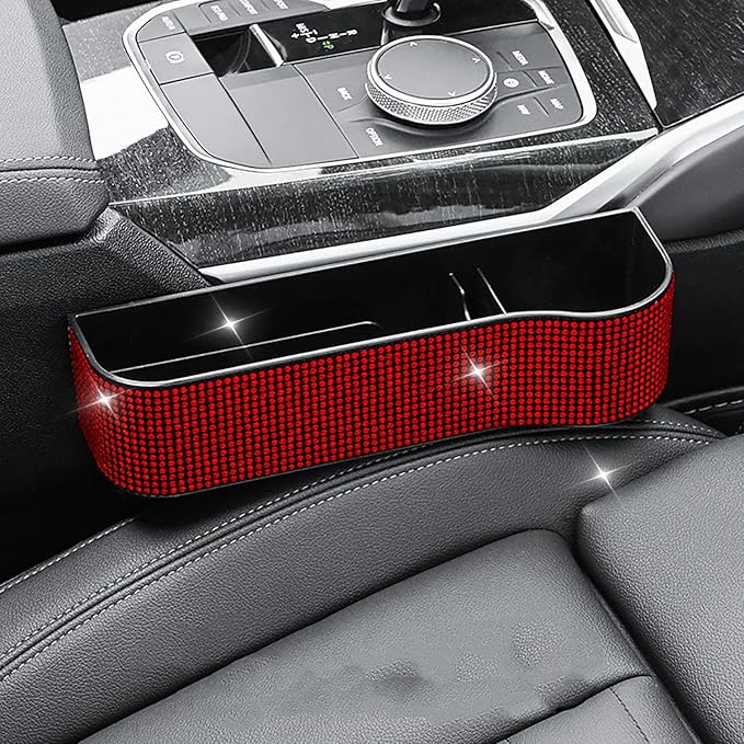 Bling Bling Car Seat Gap Filler, Car Seat Console Pockets Organizer Caddy Catcher, Crystal Auto Console Side Pouchs for Cellphone Wallet Coin Key Credit Card (Driver side & Passenger side-Red)