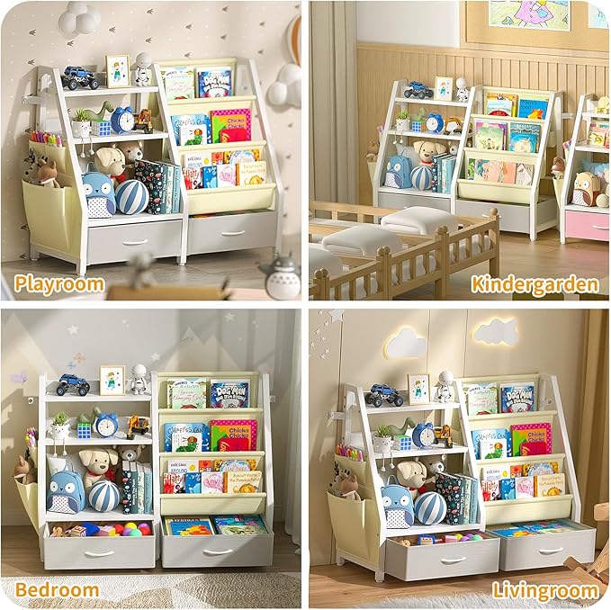 Kids Bookshelf and Toy Organizer, Sturdy 3 Tier Kid Bookcase, Sling Bookshelf and 2 Toy Bins, Toddler Montessori Book Shelf with Toy Storage Organizer for Children Room, Playroom, Nursery