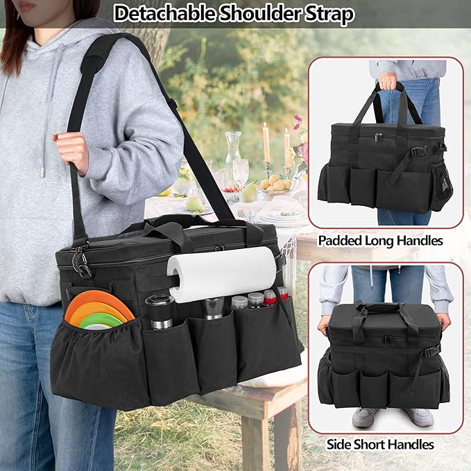 Large Grill Caddy with Lid, BBQ and Picnic Bag Organizer with Paper Towel Holder, Tailgating Accessories Basket for Barbecue Utensil & Camping Gear Must Haves, Black, Bag Only