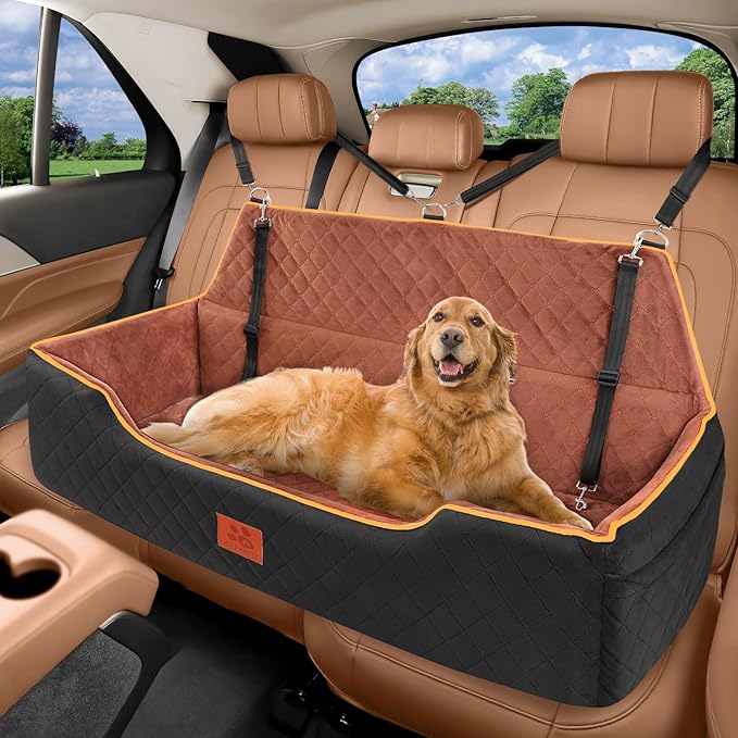 XIEEAOZEE Large Dog Car Seat, Memory Foam Dog Car Bed for Backseat & Trunk, Washable Pet Booster Seat Under 100 lbs or 2 Medium Dogs, Pet Travel Seat with Storage Pockets,2 Safety Belts